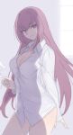  1girl ass bangs bare_legs breasts cup eyebrows_behind_hair eyebrows_visible_through_hair fate/grand_order fate_(series) hair_between_eyes holding holding_cup long_hair looking_at_viewer mobu purple_eyes purple_hair scathach_(fate) shirt simple_background smile solo white_background 