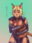  1girl absurdres animal_ear_fluff animal_ears avatar_(ff11) bag blonde_hair blue_eyes breasts bright_pupils cat_ears cat_girl cat_tail cleavage dark-skinned_female dark_skin elbow_gloves final_fantasy final_fantasy_xi fingerless_gloves gloves gradient gradient_background highres holding holding_bag loincloth medium_breasts mithra_(ff11) no_eyebrows open_clothes paper_bag purple_gloves short_hair short_twintails solo tail twintails yuccoshi 