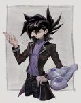  1boy =3 aoki_(fumomo) bangs black_coat black_hair black_pants card coat cropped_legs duel_disk grey_background grey_eyes hair_between_eyes hand_on_hip long_sleeves male_focus manjoume_jun pants parted_lips purple_shirt shirt simple_background solo spiked_hair yu-gi-oh! yu-gi-oh!_gx 