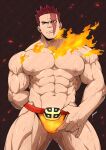  1boy abs absurdres ass_visible_through_thighs bara biceps boku_no_hero_academia bulge endeavor_(boku_no_hero_academia) feet_out_of_frame highres kuroshinki large_pectorals looking_at_viewer male_focus male_underwear male_underwear_pull mature_male muscular muscular_male navel nipples orange_male_underwear pectorals pulled_by_self scar scar_on_face short_hair sideburns solo stomach thick_thighs thighs topless_male underwear underwear_only veins watermark 