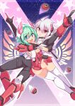  1boy 1girl absurdres acura_(gunvolt) ass azure_striker_gunvolt breasts closed_mouth cougar_(cougar1404) elbow_gloves gloves green_hair gunvolt_chronicles_luminous_avenger_ix highres leotard looking_at_viewer open_mouth red_eyes roro_(gunvolt) short_hair smile thighhighs white_hair 