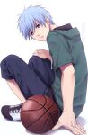  1boy ball basketball blue_eyes chinese_commentary expressionless green_hoodie hood hood_down hoodie knees_up kuroko_no_basuke kuroko_tetsuya light_blue_hair looking_at_viewer male_focus pants parted_lips shoes short_hair short_sleeves simple_background sitting sneakers solo white_background xuan_zhi_yue_ying 