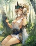  1girl au_ra avatar_(ffxiv) bangs blonde_hair bracelet breasts bush circlet cleavage commentary commission detached_sleeves dragon_horns feet_out_of_frame final_fantasy final_fantasy_xiv forest from_side highres horns jewelry kemomin_nosuke looking_to_the_side medium_hair nature orange_eyes outdoors ponytail sash scales shirt sideboob sitting skeb_commission smile solo sparkle tree white_shirt 