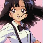  1980s_(style) 1990s_(style) 1girl absurdres album_cover_redraw anime_coloring bangs black_bow black_bowtie black_hair bow bowtie brown_eyes collared_shirt derivative_work dress_shirt grey_background highres long_hair looking_at_viewer open_mouth pink_background pirorin21century real_life retro_artstyle shadow shirt simple_background sleeves_rolled_up smile solo suspenders sweetest_music takeuchi_mariya upper_body white_shirt 