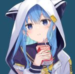  1girl animal_hood aoki_chiaki apple_juice blue_background blue_eyes blue_hair cat_hood choker ear_piercing earrings highres hololive hood hoodie hoshimachi_suisei jewelry juice_box long_hair piercing school_uniform serafuku simple_background solo upper_body virtual_youtuber 