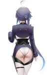  1girl absurdres ahoge ass ass_cutout asymmetrical_hair azur_lane backboob breasts clenched_hand clothing_cutout commentary_request cowboy_shot foch_(azur_lane) from_behind gradient_hair highres jacket leotard long_hair long_sleeves military military_uniform multicolored_hair ohisashiburi purple_hair purple_jacket simple_background solo thighhighs tied_hair uniform white_background white_leotard 