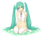  1girl :d aqua_eyes aqua_hair bare_shoulders between_legs blush breasts commentary crop_top flower full_body green_eyes green_hair hair_flower hair_ornament hand_between_legs hatsune_miku long_hair looking_at_viewer midriff morisawa_haruyuki navel no_shoes open_mouth panties ribbon scrunchie simple_background sitting sleeveless smile solo thighhighs twintails underwear very_long_hair vocaloid wariza white_background white_legwear white_panties 