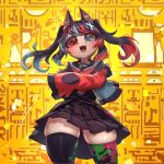  1girl animal_ears ankha_zone blue_eyes cat_ears ermao_wu fang hair_ornament heterochromia highres kneehighs multicolored_hair nintendo_switch nintendo_switch_(personification) open_mouth original personification red_eyes school_uniform skindentation skirt solo thick_thighs thighhighs thighs 
