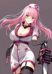  1girl 8gou blood blood_on_clothes breasts chainsaw cleavage collar elbow_gloves garter_straps gloves halloween_costume hat hololive hololive_english large_breasts long_hair metal_collar mori_calliope nurse nurse_cap pink_eyes pink_hair syringe thighhighs virtual_youtuber 