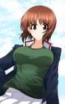  1girl absurdres aikir_(jml5160) bangs blue_jacket blue_sky breasts brown_eyes brown_hair cloud cloudy_sky commentary cowboy_shot eyebrows_visible_through_hair girls_und_panzer green_shirt grin hand_on_hip highres jacket large_breasts long_sleeves looking_at_viewer military military_uniform nishizumi_miho ooarai_military_uniform pleated_skirt shirt short_hair skirt sky smile solo standing uniform white_skirt 