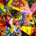  1girl american_flag_dress american_flag_legwear bangs black_background blonde_hair blue_background blue_dress blue_pants blush brown_background clownpiece dress fairy_wings fire flying from_behind green_background hair_between_eyes hat jester_cap kaigen_1025 long_hair looking_to_the_side multicolored_background multicolored_clothes multicolored_dress multicolored_pants no_shoes open_mouth pants pink_background pink_eyes pink_headwear polka_dot profile purple_background red_background red_dress red_pants short_sleeves smile solo star_(symbol) star_print striped striped_dress striped_pants torch touhou white_dress white_pants wings yellow_background 