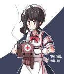  1girl ac130 ahoge armband bag black_hair bullet_hole commentary_request girls&#039;_frontline gloves gsh-18 gsh-18_(girls&#039;_frontline) gun handgun hat holding holding_bag holding_gun holding_weapon nurse nurse_cap one_side_up red_eyes short_sleeves smoke solo tally upper_body weapon white_gloves 