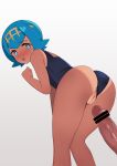  1boy 1girl ass bangs bar_censor bare_arms bent_over blue_eyes blue_hair blush bright_pupils censored commentary dark-skinned_female dark_skin erection eyebrows_visible_through_hair eyelashes freckles hairband hetero highres lana_(pokemon) looking_back no_sclera one-piece_swimsuit panapana_(pixiv_12562150) penis pokemon pokemon_(game) pokemon_sm pussy short_hair solo_focus swimsuit tan tanlines veins veiny_penis white_pupils yellow_hairband 