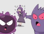  1girl ? ahoge bangs dress flying_sweatdrops gastly gengar grey_background hair_between_eyes hairband hands_up hex_maniac_(pokemon) long_hair long_sleeves meme open_mouth pointing pokemon pokemon_(creature) pokemon_(game) pokemon_xy purple_hair purple_hairband putri_(somedude1727) shoes simple_background standing sweatdrop symbol-only_commentary tongue two_soyjaks_pointing_(meme) 