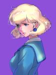  1girl bangs blonde_hair blue_eyes breasts closed_mouth earrings gundam gundam_0083 highres jewelry lips medium_breasts nina_purpleton pink_lips purple_background short_hair simple_background solo upper_body yuccoshi 