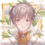  1boy ascot bangs border bunny_pin cardcaptor_sakura closed_mouth collared_shirt commentary earrings english_commentary engrish_commentary floral_background flower flower_request glasses grey_eyes grey_hair jacket jewelry leaf looking_at_viewer maccha_(mochancc) male_focus orange_ascot orange_shirt outside_border petals portrait round_eyewear shirt short_hair smile solo sparkle tsukishiro_yukito white_border white_flower white_jacket yellow_background 
