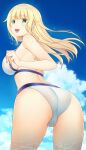  1girl absurdres ass back bangs bikini blonde_hair blue_eyes blue_sky cameltoe cloud cloudy_sky commentary_request cowboy_shot day eyebrows_visible_through_hair from_behind grey_bikini hataraki_kuma highres leaning_forward long_hair looking_at_viewer looking_back open_mouth original outdoors sky smile solo standing swimsuit trefoil water_drop wet 