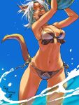  1girl animal_ears arms_up ass_visible_through_thighs avatar_(ff11) bare_shoulders bikini blue_eyes blue_sky cat_ears cat_girl cat_tail collarbone copyright_name dark-skinned_female dark_skin day facial_mark final_fantasy final_fantasy_xi food fruit headband highres looking_at_viewer mithra_(ff11) navel no_eyebrows open_mouth outdoors short_hair side-tie_bikini silver_hair sky solo swimsuit tail tail_raised teeth wading water watermelon yuccoshi 