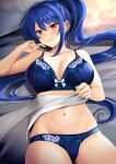  1girl blue_bra blue_hair blue_panties blush bra breasts cleavage collarbone commentary commission english_commentary highres large_breasts long_hair looking_at_viewer lying navel on_back on_bed original panties ponytail red_eyes skeb_commission smile solo underwear very_long_hair yunamaro 