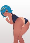  1girl ass bangs bare_arms bent_over blue_eyes blue_hair blush bright_pupils commentary dark-skinned_female dark_skin eyebrows_visible_through_hair eyelashes freckles hairband highres lana_(pokemon) looking_back no_sclera one-piece_swimsuit panapana_(pixiv_12562150) pokemon pokemon_(game) pokemon_sm pussy short_hair solo swimsuit tan tanlines white_pupils yellow_hairband 