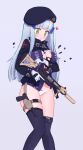  1girl assault_rifle beret black_headwear blue_hair bow bow_panties breasts cleavage commentary_request cowboy_shot eyebrows_visible_through_hair facial_mark girls&#039;_frontline gloves green_eyes gun h&amp;k_hk416 hair_ornament handgun hat highres hk416_(girls&#039;_frontline) holding holding_gun holding_weapon holstered_weapon jagd large_breasts long_hair long_sleeves no_pants panties purple_legwear rifle solo suppressor surprised thighhighs torn_clothes torn_jacket trigger_discipline underwear vertical_foregrip weapon white_gloves white_panties 