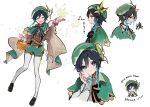  1boy 1girl :3 aqua_eyes aqua_hair bangs basket blue_hair blush bow braid cape closed_eyes closed_mouth dsmile english_text feathers flower genshin_impact gradient_hair green_headwear hair_between_eyes hand_on_another&#039;s_cheek hand_on_another&#039;s_face hat hat_flower highres long_sleeves lumine_(genshin_impact) multicolored_hair multiple_views musical_note open_mouth pantyhose parted_lips petals side_braids simple_background smile sparkle teeth translation_request upper_teeth venti_(genshin_impact) vision_(genshin_impact) white_background white_flower 