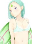  1girl aqua_hair bare_shoulders bikini bikini_top blue_bikini blush breasts cleavage closed_mouth collarbone eureka eureka_seven eureka_seven_(series) hair_ornament hairclip matsurika_(j297021302) navel purple_eyes shiny shiny_hair short_hair sideboob simple_background small_breasts smile solo swimsuit upper_body white_background 