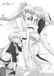  1boy 2girls absurdres ahoge anilingus belt bikini black_bikini black_gloves breasts coat fate/grand_order fate_(series) fellatio ffm_threesome fujimaru_ritsuka_(male) glasses gloves greyscale group_sex hetero highres jeanne_d&#039;arc_(alter_swimsuit_berserker)_(fate) jeanne_d&#039;arc_(fate) jeanne_d&#039;arc_(swimsuit_archer)_(fate) leg_belt licking long_hair looking_at_viewer mobu monochrome multiple_girls open_mouth oral penis ponytail simple_background smile swimsuit thighhighs threesome white_background 