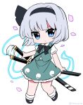  1girl bangs black_bow black_bowtie black_footwear black_hairband blue_eyes bow bowtie cherry_blossoms chibi closed_eyes collared_shirt eyebrows_visible_through_hair full_body ghost ghost_print green_skirt green_vest grey_hair hairband highres holding holding_sword holding_weapon konpaku_youmu konpaku_youmu_(ghost) looking_at_viewer multiple_swords ramudia_(lamyun) sheath sheathed shirt short_hair short_sleeves simple_background skirt solo standing sword sword_behind_back touhou twitter_username v-shaped_eyebrows vest weapon white_background white_legwear white_shirt 