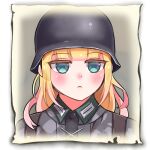  1girl bangs blonde_hair camouflage camouflage_jacket closed_mouth commentary company_of_heroes german_army green_eyes hat helmet jacket long_hair looking_at_viewer lowres military military_hat military_uniform original portrait simple_background solo transparent_background uniform world_war_ii zhainan_s-jun 