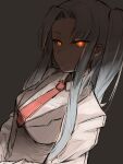 1girl angela_(lobotomy_corporation) blue_hair coat collared_shirt commentary eyebrows_visible_through_hair glowing glowing_eyes highres labcoat lobotomy_corporation long_hair long_sleeves looking_at_viewer necktie one_side_up orange_hair shirt simple_background solo sosan upper_body white_coat white_shirt 