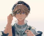 1boy bangs beige_background blue_eyes brown_hair character_request clothes_writing donaldakron earrings glasses hair_between_eyes hand_on_another&#039;s_arm hat highres jewelry looking_at_viewer necklace off_shoulder out_of_frame parted_lips plaid portrait pov pov_hands punishing:_gray_raven removing_eyewear short_hair simple_background solo_focus stud_earrings turtleneck 