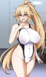  1girl blonde_hair blue_eyes breasts cameltoe commentary_request competition_swimsuit covered_nipples cowboy_shot fate/grand_order fate_(series) glasses hand_on_own_chest highleg highleg_swimsuit huge_breasts jeanne_d&#039;arc_(fate) jeanne_d&#039;arc_(swimsuit_archer)_(fate) long_hair looking_at_viewer muta_poo one-piece_swimsuit ponytail smile solo standing swimsuit white_swimsuit 
