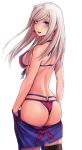  1girl :d american_flag_bikini applekun ass back bangs bikini blue_eyes breasts clothes_down earrings fate/grand_order fate_(series) flag_print from_behind hair_down halterneck highres jewelry large_breasts leaf long_hair looking_at_viewer looking_back maple_leaf miyamoto_musashi_(fate) miyamoto_musashi_(swimsuit_berserker)_(fate) open_mouth simple_background single_thighhigh smile solo straight_hair swept_bangs swimsuit thighhighs white_background white_hair 
