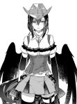  1girl bangs bare_shoulders black_wings blush breasts cleavage commentary_request cowboy_hat cowboy_shot expressionless eyebrows_visible_through_hair feathered_wings greyscale hair_between_eyes hat horse_tail kurokoma_saki looking_at_viewer medium_breasts monochrome pegasus_wings simple_background skirt solo syuri22 tail thigh_strap thighhighs touhou white_background wings zettai_ryouiki 