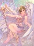  1girl angel_wings armor boots breasts brown_eyes brown_hair character_request cleavage closed_mouth commentary fantasy frills highres holding holding_weapon isaac_hein_iii long_hair looking_at_viewer medium_breasts microskirt official_art parted_hair polearm revealing_clothes shiny shiny_skin short_sleeves sitting skirt smile solo sparkle tenka_touitsu_chronicle thighs throne weapon white_wings wings 