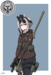  1girl american_flag black_gloves black_pants bolt_action brown_jacket call_of_duty:_modern_warfare_2 cheytac_m200 gamryous girls&#039;_frontline gloves grey_eyes grey_hair gun handgun highres holding holding_gun holding_weapon jacket long_sleeves low_ponytail m200_(girls&#039;_frontline) military_operator night_vision_device pants pistol rifle short_ponytail sidelocks sniper_rifle solo weapon 