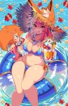  1girl :3 animal_ear_fluff animal_ears bikini blue_bikini dessert fate/grand_order fate_(series) food fox_ears fox_girl fox_tail fruit hat highres holding holding_spoon ice_cream innertube navel ocean parfait queen_ashi side-tie_bikini solo spoon straw_hat summer sun_hat swimsuit tail tamamo_(fate) tamamo_no_mae_(swimsuit_lancer)_(fate) tongue tongue_out yellow_eyes 