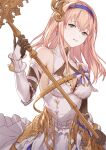  1girl absurdres armor bangs black_gloves blue_eyes breasts cleavage cleavage_cutout clothing_cutout commentary_request dress earrings elbow_gloves enyo_(granblue_fantasy) gloves granblue_fantasy hairband halterneck highres holding holding_polearm holding_weapon jewelry long_hair looking_at_viewer pink_hair polearm shoulder_armor sleeveless sleeveless_dress small_breasts smile solo spear teeth turtleneck vambraces weapon white_background white_dress yan_(1979418195) 