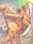  1girl angel_wings armor boots breasts character_request cleavage closed_mouth commentary english_commentary fantasy frills green_hair highres holding holding_weapon isaac_hein_iii long_hair looking_at_viewer medium_breasts microskirt official_art parted_hair polearm revealing_clothes shiny shiny_skin short_sleeves sitting skirt smile solo sparkle tenka_touitsu_chronicle thighs throne weapon white_wings wings 