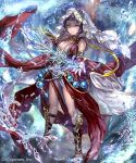  1girl armlet bangs bare_shoulders barefoot beads blue_eyes blunt_bangs breasts chain cleavage commentary dress irua jewelry legs long_hair looking_at_viewer official_art prophetess_of_creation purple_hair shadowverse shin_guards shingeki_no_bahamut short_hair smile solo veil water water_drop 