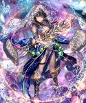  1girl armlet bare_shoulders barefoot beads black_hair breasts brown_hair chain cleavage commentary irua long_hair looking_at_viewer medium_hair official_art prophetess_of_creation purple_eyes shadowverse shin_guards shingeki_no_bahamut smile solo stone_tablet veil water water_drop weapon 