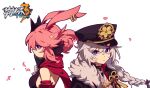  2girls animal_ears bangs black_headwear blue_eyes braid braided_ponytail closed_mouth earrings fox_ears fox_mask hair_between_eyes hair_ornament hat honkai_(series) honkai_impact_3rd jewelry kallen_kaslana kallen_kaslana_(sixth_serenade) long_hair looking_at_viewer mask meadow_(morphinecaca) military military_hat multiple_girls ninja petals pink_hair purple_eyes simple_background white_background white_hair yae_kasumi yae_sakura yae_sakura_(darkbolt_jonin) 