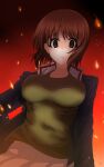  1girl absurdres aikir_(jml5160) bangs blue_jacket breasts brown_eyes brown_hair closed_mouth commentary cowboy_shot empty_eyes eyebrows_visible_through_hair fire flame frown girls_und_panzer green_shirt hand_on_hip highres jacket large_breasts long_sleeves looking_at_viewer military military_uniform nishizumi_miho ooarai_military_uniform pleated_skirt shirt short_hair skirt solo standing uniform white_skirt 