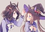  2girls ahoge animal_ear_headwear animal_ears bangs bow bowtie brown_hair commentary_request eye_contact grey_background hair_ribbon hair_rings hands_up hat hat_bow highres horse_ears kitasan_black_(umamusume) komasawa_(fmn-ppp) long_hair long_sleeves looking_at_another multicolored_hair multiple_girls parted_lips purple_eyes purple_shirt red_eyes ribbon sailor_collar school_uniform shirt short_hair simple_background streaked_hair sweep_tosho_(umamusume) tracen_school_uniform twintails umamusume upper_body white_bow white_bowtie witch_hat 