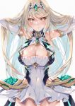 1girl armpits arms_behind_head arms_up bad_anatomy bangs bare_shoulders blonde_hair blush breasts chest_jewel cleavage cleavage_cutout clothing_cutout covered_navel dress earrings elbow_gloves gloves hinot jewelry large_breasts long_hair looking_at_viewer mythra_(xenoblade) short_dress smile solo swept_bangs thighs tiara white_dress white_gloves xenoblade_chronicles_(series) xenoblade_chronicles_2 yellow_eyes 