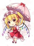  1girl :d absurdres arm_behind_back ascot back_bow bangs blonde_hair blush bow center_frills chibi commentary_request contrapposto eyebrows_visible_through_hair eyelashes fang flandre_scarlet flower frilled_skirt frills full_body hair_flower hair_ornament happy hat heart highres holding holding_umbrella mob_cap one_side_up open_mouth parasol petals puffy_short_sleeves puffy_sleeves red_eyes red_footwear red_skirt red_vest ruhika sash shiny shiny_hair shirt shoes short_hair_with_long_locks short_sleeves side_ponytail simple_background skirt slit_pupils smile socks solo standing touhou umbrella umbrella_bow vest white_background white_legwear white_sash white_shirt wings wrist_cuffs yellow_neckwear 