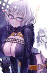  1boy 1girl absurdres bangs belt black_dress black_jacket blue_eyes breasts cleavage cropped_jacket dress dual_persona fate/grand_order fate/grand_order_arcade fate_(series) glasses grey_hair grin highres hood hooded_jacket jacket jacques_de_molay_(fate) jacques_de_molay_(foreigner)_(fate) lamb large_breasts long_sleeves looking_at_viewer open_clothes open_jacket short_dress short_hair smile sword thighs translated weapon yayoi_maka 