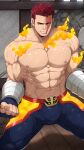  1boy abs absurdres bara boku_no_hero_academia bulge clenched_hand endeavor_(boku_no_hero_academia) fingerless_gloves fire gloves highres kuroshinki large_pectorals looking_at_viewer male_focus mature_male muscular muscular_male navel nipples pectorals red_hair reward_available scar scar_on_face short_hair sideburns solo stomach thick_thighs thighs topless_male watermark 