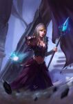  1girl absurdres armor bangs blonde_hair blue_eyes breasts cleavage grey_sleeves highres holding holding_staff jaina_proudmoore layered_skirt long_hair long_skirt long_sleeves magic medium_breasts midriff motion_blur multicolored_hair navel night_moon_starry_(artist) pauldrons purple_skirt red_lips shoulder_armor signature silver_hair skirt solo staff standing stomach swept_bangs two-tone_hair warcraft world_of_warcraft 